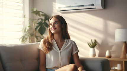 Young woman switching on air conditioner while sitting on sofa at home - obrazy, fototapety, plakaty