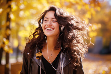 Fototapeta premium Smile black hair woman wear headset walking at park in autumn morning