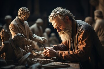Older Man sculptor creates sculpture clay human model, Generate With Ai.