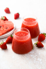 Refreshing watermelon drink with fresh strawberry
