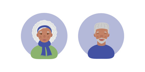 Grandma and grandpa. Avatar of dark-skinned grandparents. Elderly people with gray hair. Vector illustration