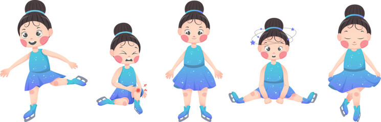 Cartoon girl figure skater in a sporty blue dress with sequins in different poses. Emotions and sensations, pain, joy, tenderness, dizziness, greeting. Vector illustration © Sonika