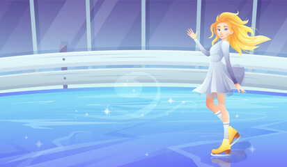 Girl figure skater on skates greets with hand on ice skating rink. Vector background for sports winter games, events, sports complexes, figure skating in cartoon style © Sonika