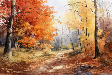 Watercolor Autumn leaves abstract background, Colorful foliage in path