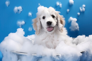 Cute puppy takes a bath and plays with a fluffy bubble of shampoo in bathroom and blue background. Pets and animals clean concepts. - obrazy, fototapety, plakaty