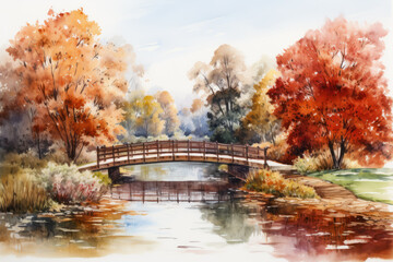 Watercolor Autumn leaves abstract background, bridge in forest foliage