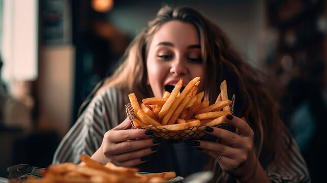 Happy satisfied overweight young woman with plate of French fries. Unhealthy for human body. Gain weight.