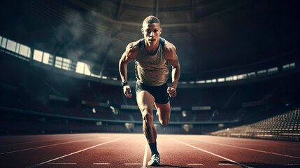 Male athlete runner sprinter young man running, workout goal and exercise for wellness, sport and training. Cardio on the track at the stadium. Muscular, sportive guy. Healthy lifestyle. Speed