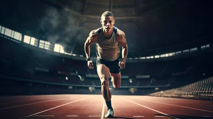 Foto op Canvas Male athlete runner sprinter young man running, workout goal and exercise for wellness, sport and training. Cardio on the track at the stadium. Muscular, sportive guy. Healthy lifestyle. Speed © Irina
