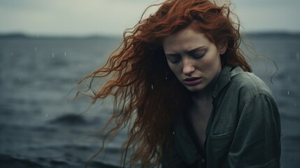 Portrait of woman with red hair in severe emotional distress, standing in ocean hurt and filled with overwhelming sadness, broken spirit, cold Atlantic ocean, moody and subdued color tone.
