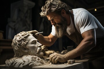 Fototapeta na wymiar Man sculptor creates sculpture clay human model, Generate With Ai.
