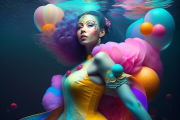Underwater ink art of a beautiful cute woman (JPG 300Dpi 9600x6400)