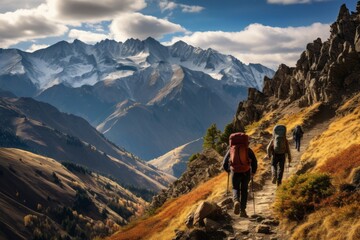 Fototapeta na wymiar Hikers ascending a steep mountain trail, Generative AI