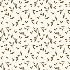 Olive branch modern ornament. Pattern with a sprig of greenery. Hand drawn eucalyptus, laurel twig. Abstract plant motif