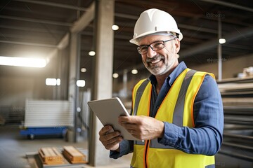 Photo of a middle agd Caucasian bearded engineer architect foreman on construction site with tablet computer.