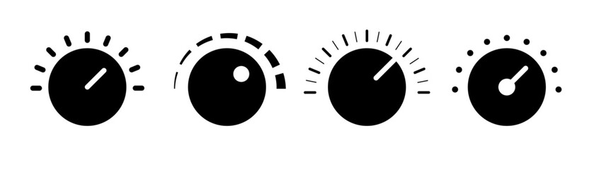 Volume controller icon in glyph. Adjustment dial button. Round controller icon. Black volume dial. Controller symbol in glyph © nichosi