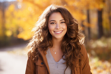 Naklejka premium Young smile latin hispanic woman walking at park in autumn morning