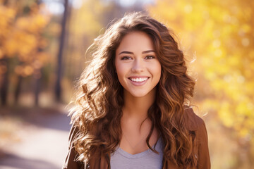 Fototapeta premium Young smile latin hispanic woman walking at park in autumn morning