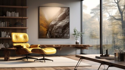 Wooden stump coffee table near vibrant yellow fabric wing chair against concrete wall with art poster Scandinavian interior design of modern living room.