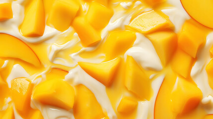 Yogurt and fresh mango pieces, background. Top view. Generative AI