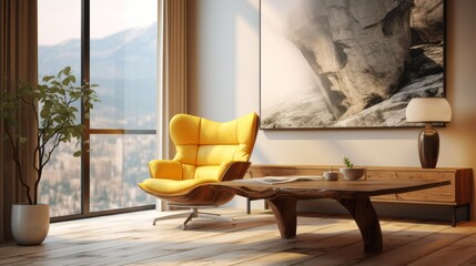 Wooden stump coffee table near vibrant yellow fabric wing chair against concrete wall with art poster Scandinavian interior design of modern living room.