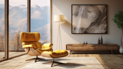 Fototapeta na wymiar Wooden stump coffee table near vibrant yellow fabric wing chair against concrete wall with art poster Scandinavian interior design of modern living room.