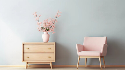 Interior of minimal living room with wooden chair, chest of drawers and vase with flowers near the wall, extremely modern and minimalistic style, pastel house, moody, window light, Generative AI.