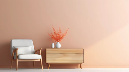 Interior of minimal living room with wooden chair, chest of drawers and vase with flowers near the wall, extremely modern and minimalistic style, pastel house, moody, window light, Generative AI.