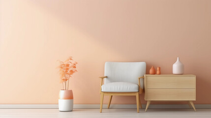 Interior of minimal living room with wooden chair, chest of drawers and vase with flowers near the wall, extremely modern and minimalistic style, pastel house, moody, window light, Generative AI.