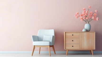 Interior of minimal living room with wooden chair, chest of drawers and vase with flowers near the wall, extremely modern and minimalistic style, pastel house, moody, window light, Generative AI.