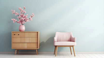 Interior of minimal living room with pink leather chair, chest of drawers and vase with flowers near the wall, extremely modern and minimalistic style, pastel house, window light, Generative AI.