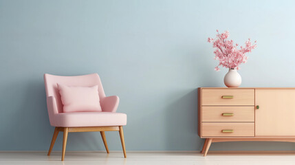 Interior of minimal living room with pink leather chair, chest of drawers and vase with flowers near the wall, extremely modern and minimalistic style, pastel house, window light, Generative AI.