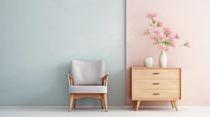 Interior of minimal living room with wooden chair, chest of drawers and vase with flowers near the wall, extremely modern and minimalistic style, pastel house, moody, window light, Generative AI.