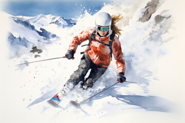 A woman is skiing on a mountain with thick snow, watercolor background
