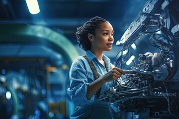 Fototapeta na wymiar Close-up photo of an African American young woman works in a car production line. She checks the operation of the units and the contacts of electrical system of the engine.
