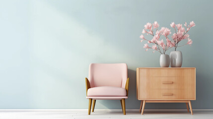 Interior of minimal living room with wooden chair, chest of drawers and vase with flowers near the wall, extremely modern and minimalistic style, pastel house, moody, window light, Generative AI.