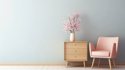 Interior of minimal living room with wooden chair, chest of drawers and vase with flowers near the wall, extremely modern and minimalistic style, pastel house, moody, window light, Generative AI.