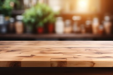 Empty wooden table and blurred kitchen background. Generative AI.