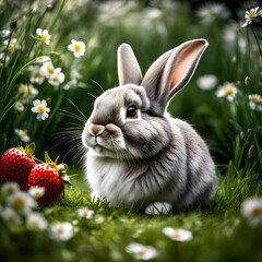 cute rabbit and strawberries