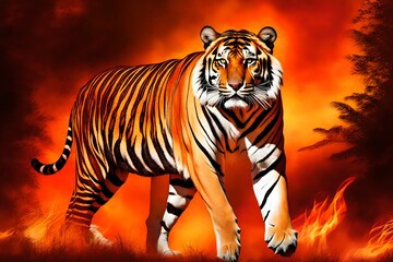 aggressive tiger with fire in background