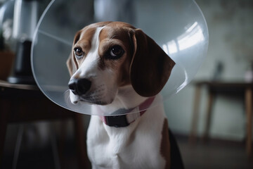 Adorable Beagle dog wearing medical plastic collar on floor indoors,  Dog Wearing a Surgical Funnel on Its Head. veterinarian, animal treatment - obrazy, fototapety, plakaty