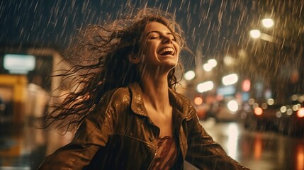 Attractive woman dancing in the summer rain and enjoying the drops of water