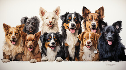 group of dog breeds on white background