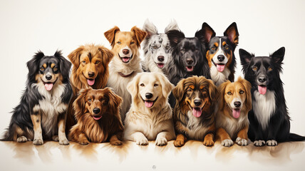 group of dog breeds on white background