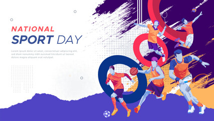 sport background, national sports day celebration concept, with abstract geometric ornament and illustration of sports athlete football player, badminton, basketball, baseball, tennis, volleyball	