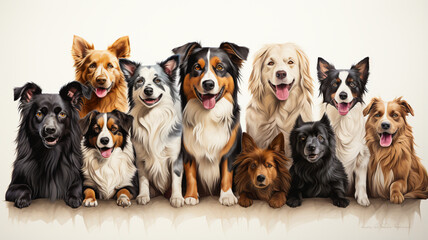 group of dog breeds on white background - obrazy, fototapety, plakaty