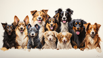group of dog breeds on white background
