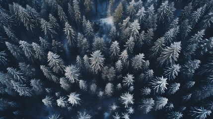 Pine wood forest in winter season.White snow. Drone view.