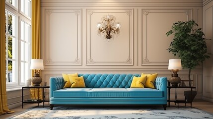 blue and yellow sofa next to the wall in a classic room Modern living room interior design