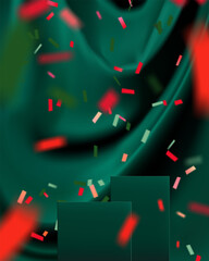 Abstract 3D Vector minimal scene for mockup product display. Food and beverage product background for sale event concept. Stage showcase with confetti on green display studio background. Vector EPS10